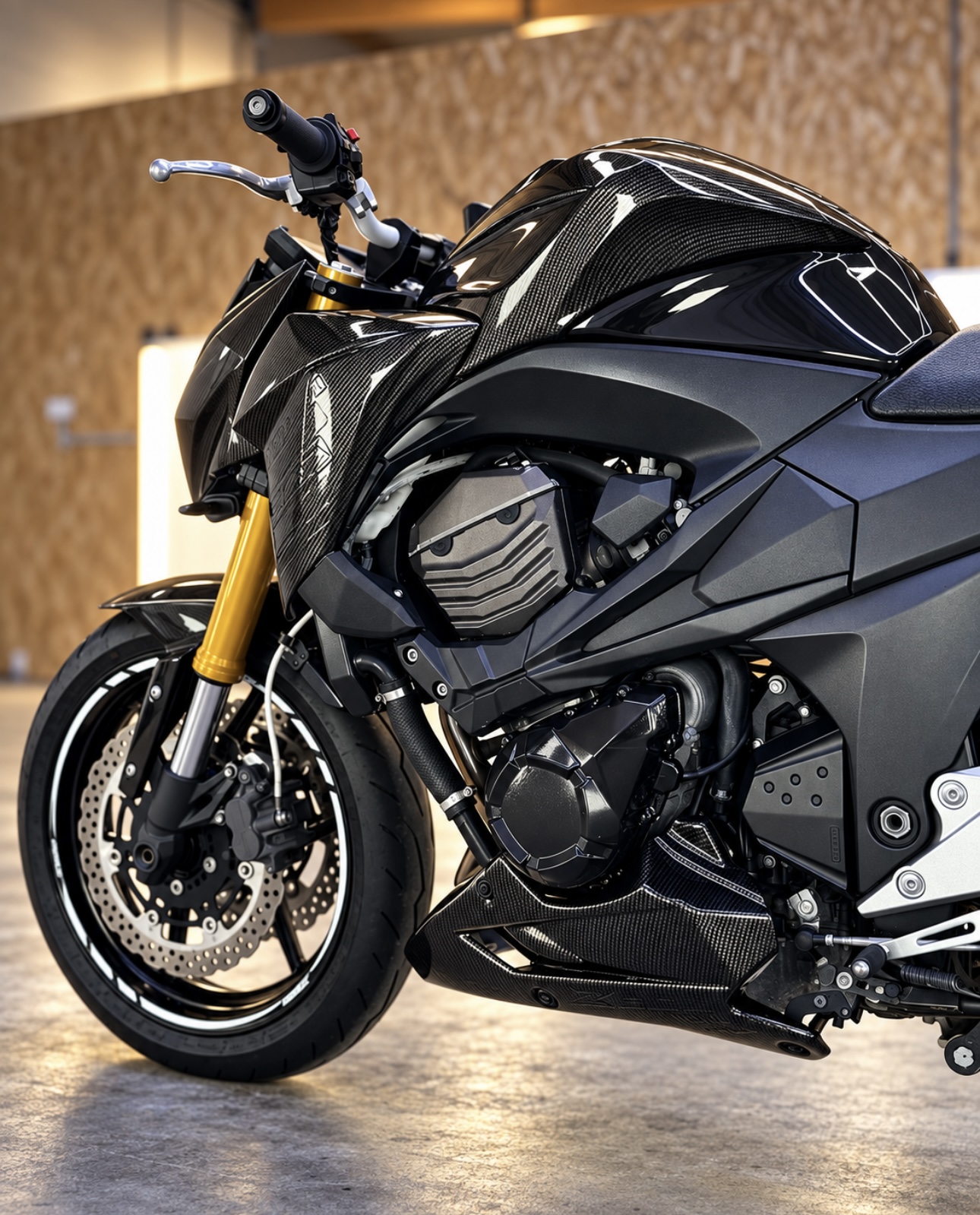 Kawasaki Z800 covering carbon TECKWRAP — vue 3/4 avant avec cache moteur carbone