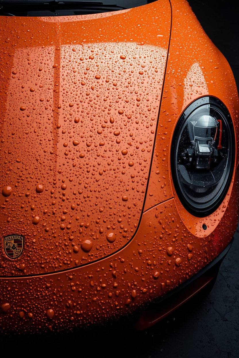 Gros plan capot Porsche GT3 RS orange avec gouttes d'eau après céramique Pure Détail